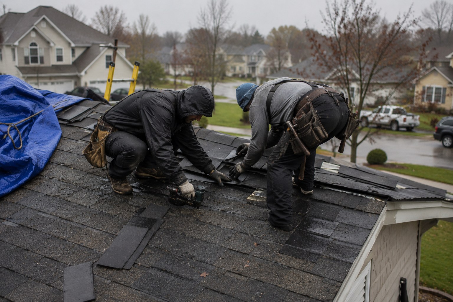 Roofing Rehab crew making emergency shingle repairs in the rain