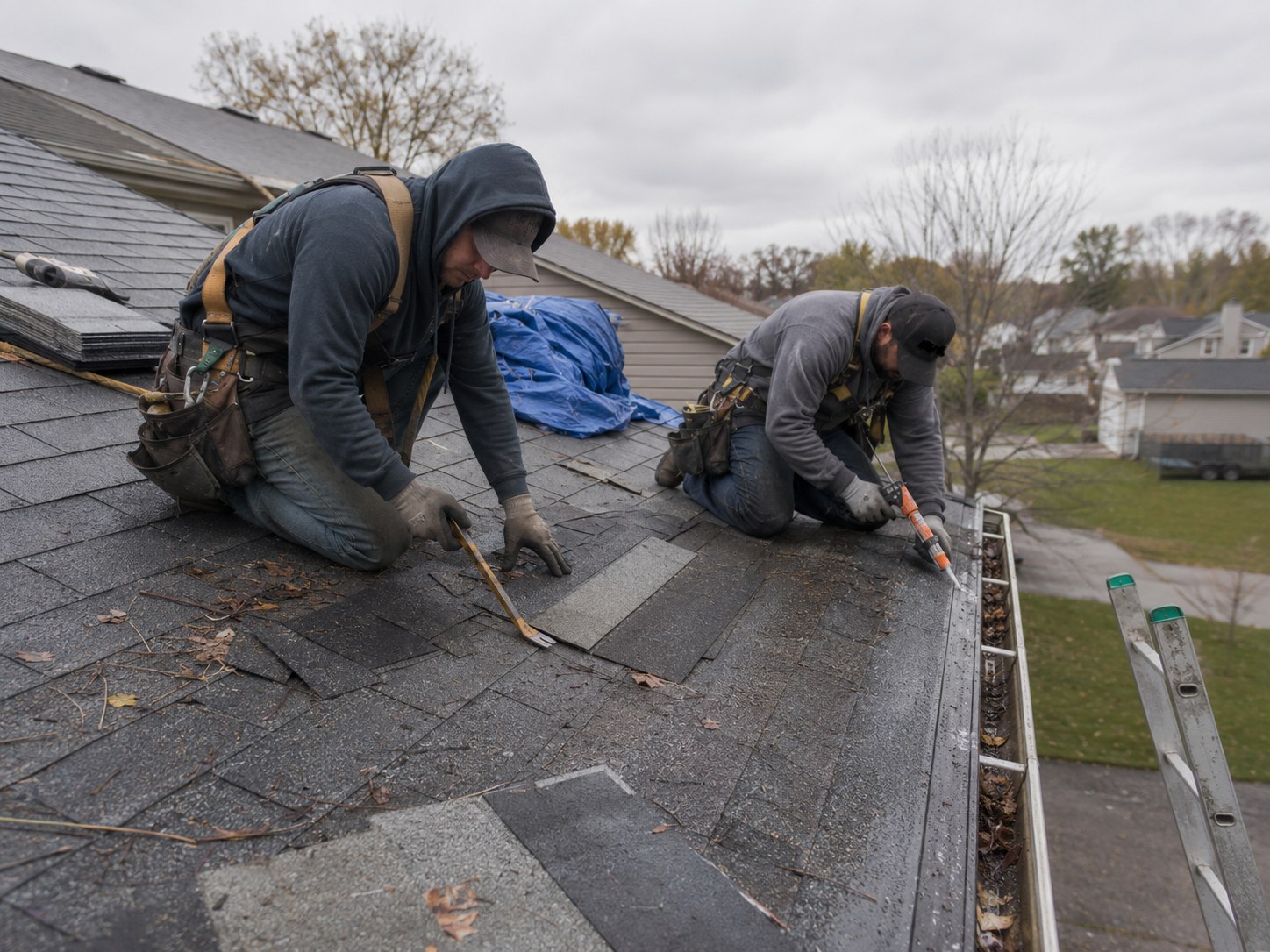 Roofing Rehab crew tearing off old shingles and replacing gutters during a roof addition project