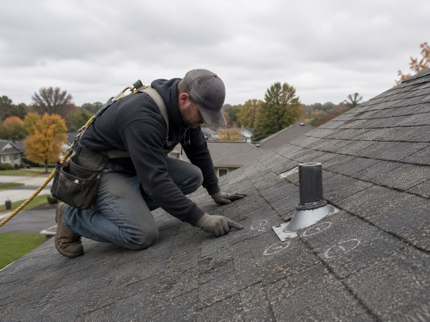 Roofing Rehab technician inspecting shingles and marking issues around a roof vent